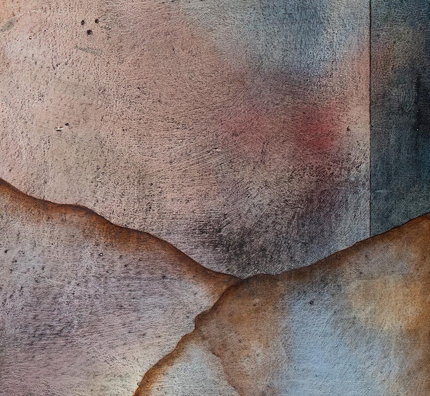 Detail of abstract painting with reference to geology. Mainly brown and pink colors. Title: Fragments of Night
