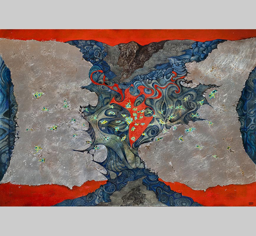 Abstract painting with reference to geology and biology. Mainly red, blue and silver colors. Title: Phantasmagoria