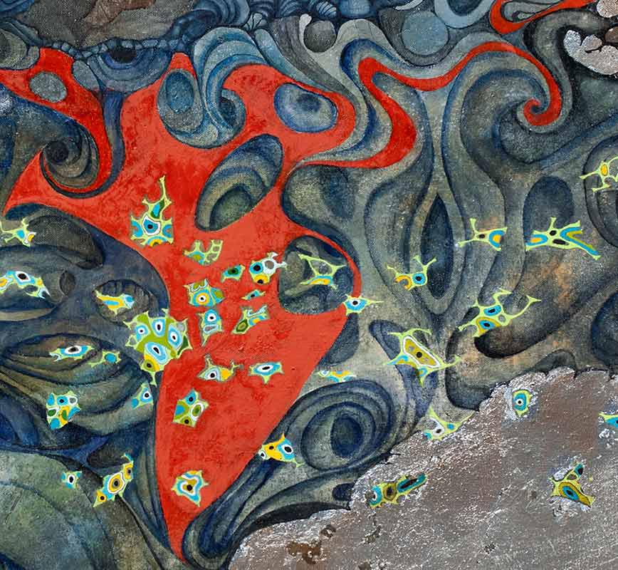 Detail of abstract painting with reference to geology and biology. Mainly red, blue and silver colors. Title: Phantasmagoria