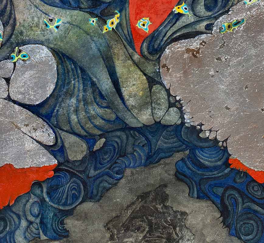 Detail of abstract painting with reference to geology and biology. Mainly red, blue and silver colors. Title: Phantasmagoria