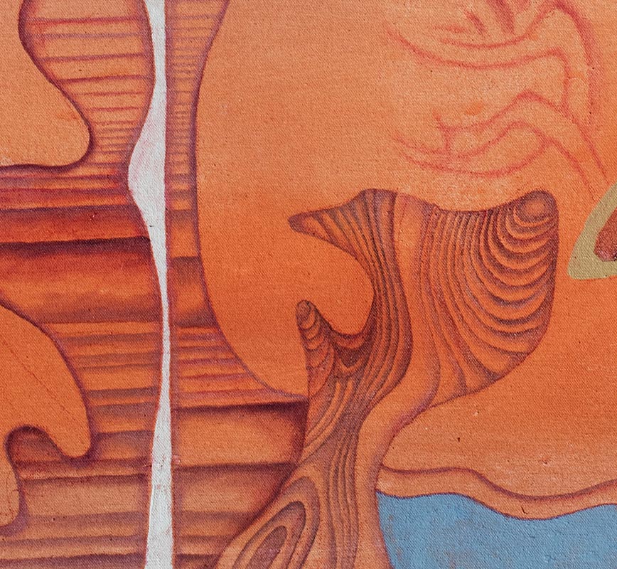 Detail of Abstract painting with reference to geology and biology. Mainly orange colors. Title: Signs. Alive