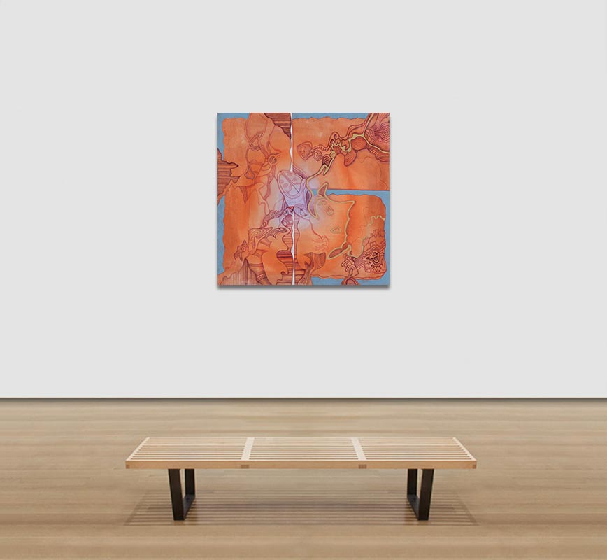 View in a Room of Abstract painting with reference to geology and biology. Mainly orange colors. Title: Signs. Alive