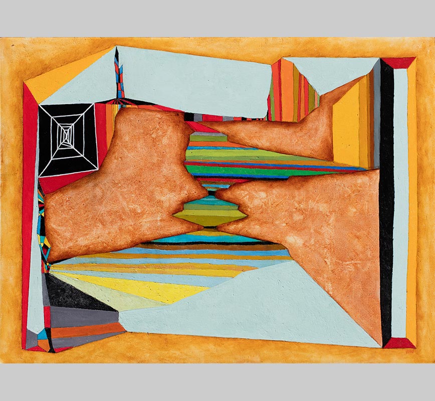 Abstract  geometric painting. Mainly orange and yellow colors. Title: In-Out, Out-In