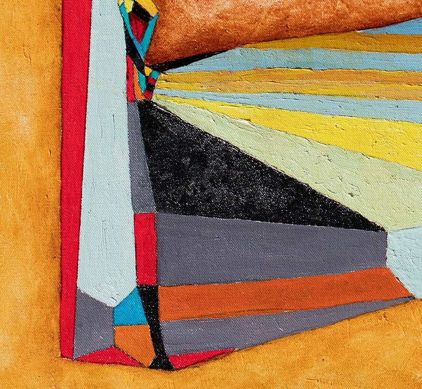 Detail of Abstract  geometric painting. Mainly orange and yellow colors. Title: In-Out, Out-In