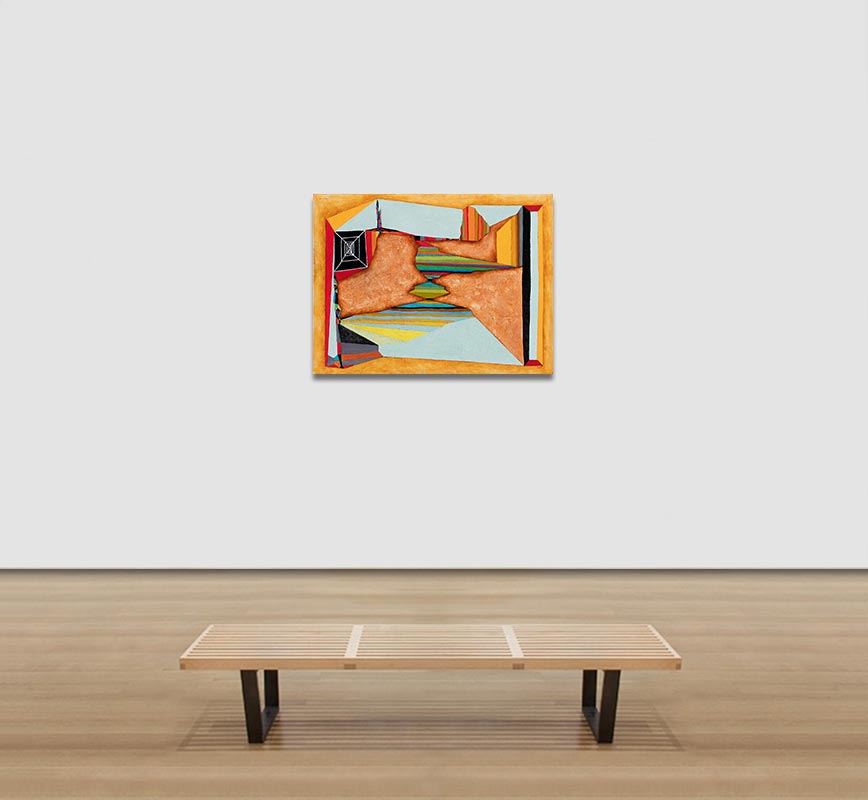 View in a Room of Abstract  geometric painting. Mainly orange and yellow colors. Title: In-Out, Out-In