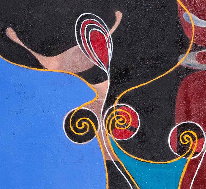 Detail of Figurative surrealism painting with dancing female figures. Mainly blue and red colors. Title: Nymphs, Shadows and Trees