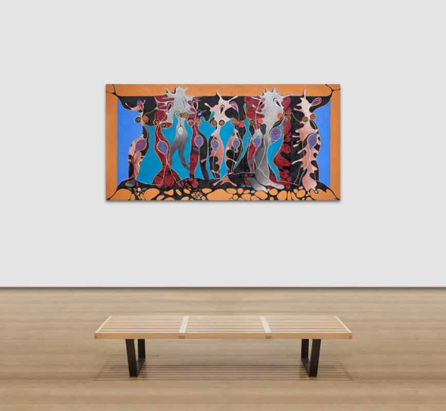 View in a Room of Figurative surrealism painting with dancing female figures. Mainly blue and red colors. Title: Nymphs, Shadows and Trees