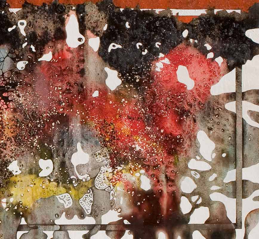 Detail of Abstract expressionism painting with texture. Mainly brown and red colors. Title: Ghosts and Elves