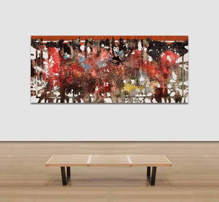 View in a Room of Abstract expressionism painting with texture. Mainly brown and red colors. Title: Ghosts and Elves