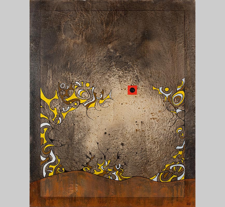 Abstract painting with reference to biology. Mainly yellow and brown colors. Title: Evocation