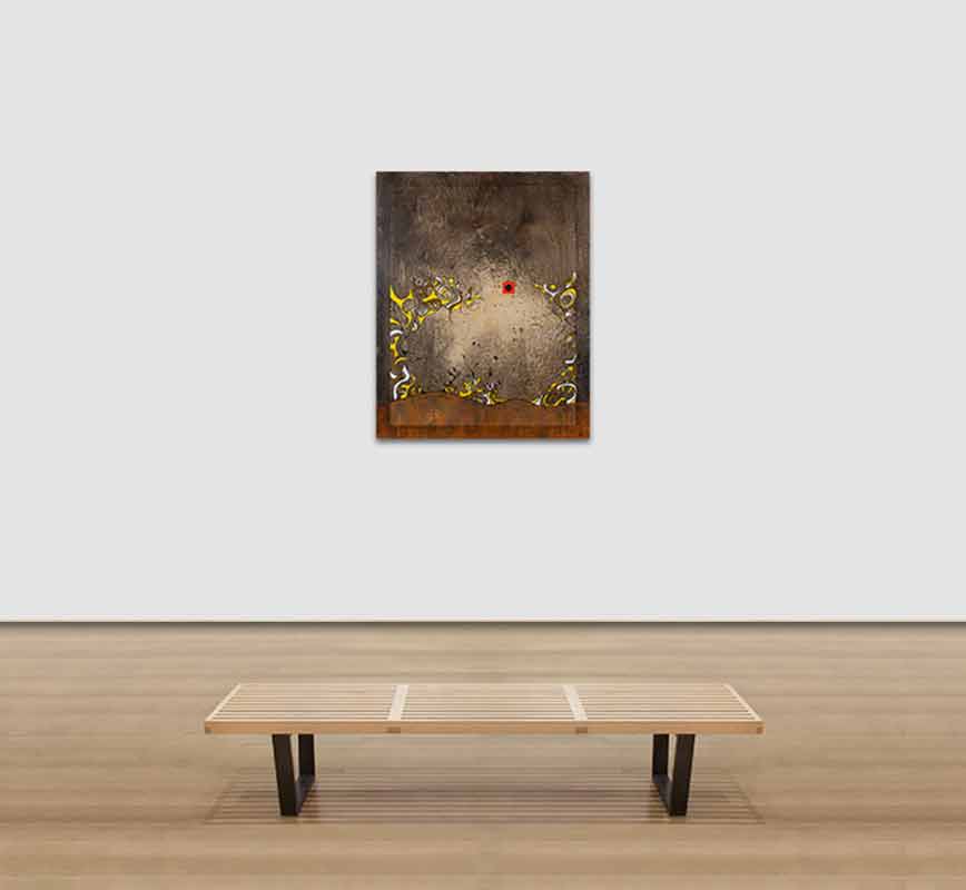 View in a Room of Abstract painting with reference to biology. Mainly yellow and brown colors. Title: Evocation
