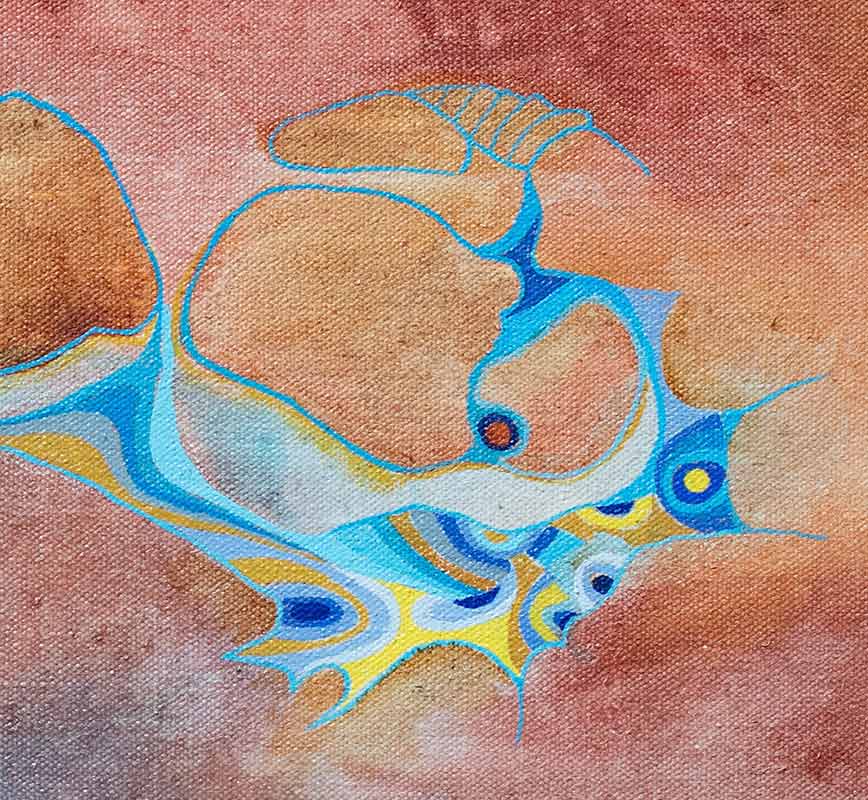 Detail of Abstract painting with reference to biology. Mainly orange and blue colors. Title: Mirage in Blue