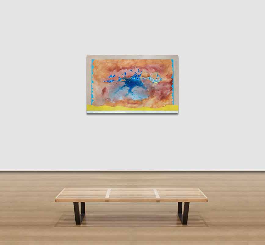 View in a Room of Abstract painting with reference to biology. Mainly orange and blue colors. Title: Mirage in Blue