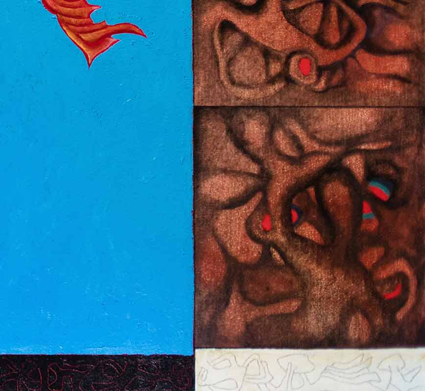 Detail of Abstract painting with reference to geology and biology. Mainly blue and red colors. Title: A Journey in Time