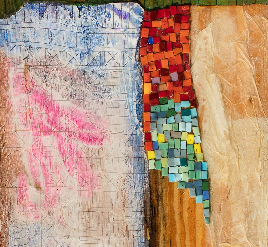Detail of Abstract mixed media painting with mosaic tiles and wood. Title: Episodes on Wood