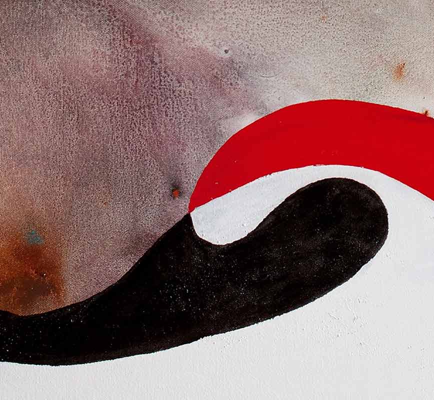 Detail of Abstract painting. Mainly red and black colors. Title: Curvilinear
