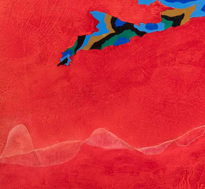 Detail of Abstract large painting with reference to geology. Mainly red, blue and golden colors. Title: Howling of the Wind II