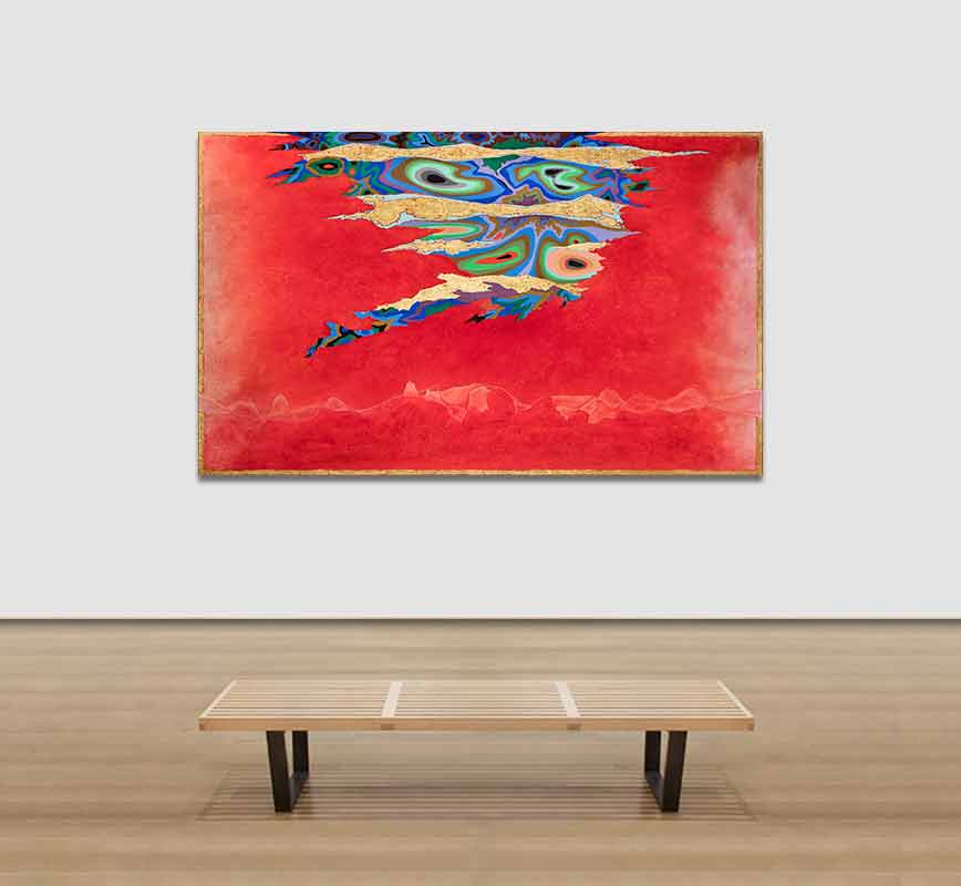 View in a Room of Abstract large painting with reference to geology. Mainly red, blue and golden colors. Title: Howling of the Wind II