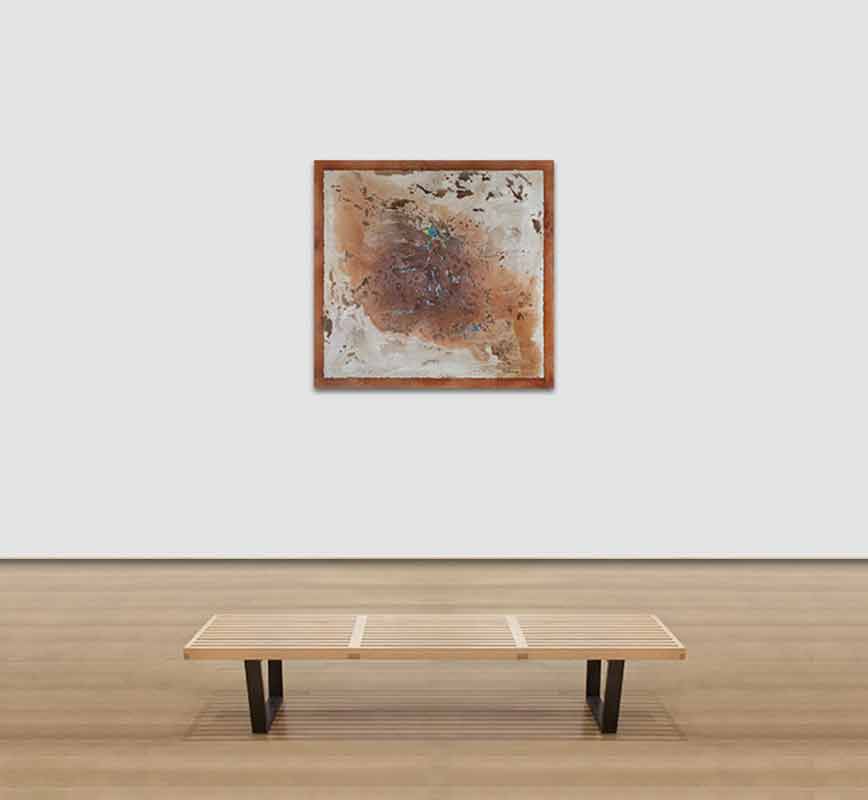 View in a Room of Abstract painting with reference to geology. Mainly brown colors. Title: From Magma, Life