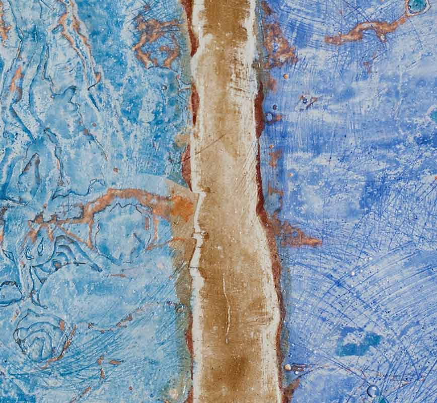 Detail of Abstract small format painting. Mainly blue and brown colors. Title: Spell of the Transparent Stone