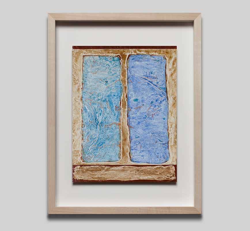 View in a Room of Abstract small format painting. Mainly blue and brown colors. Title: Spell of the Transparent Stone