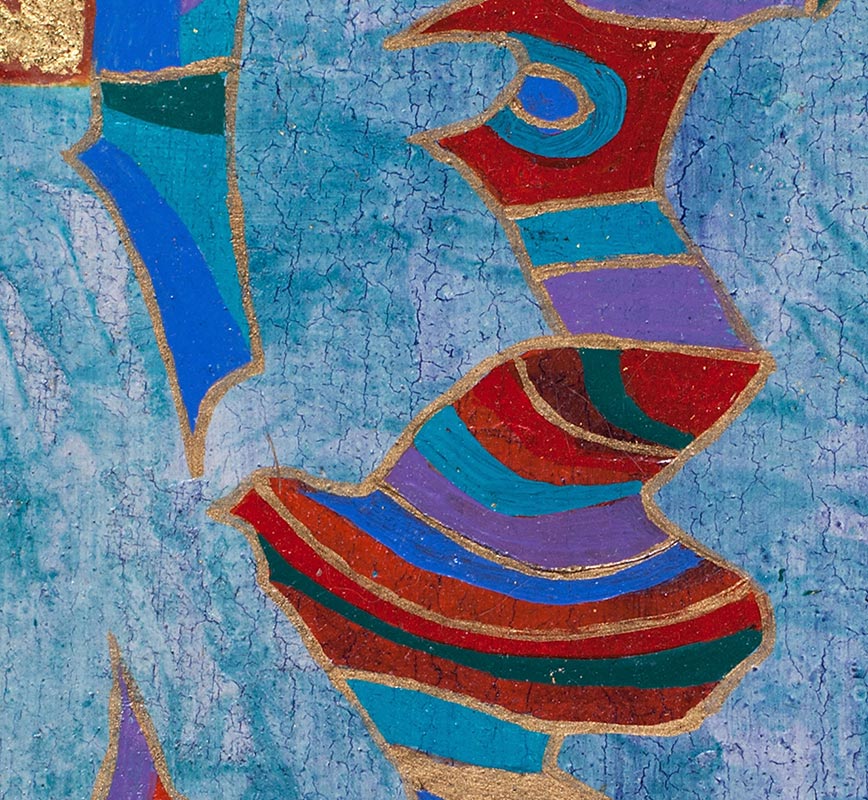 Detail of Abstract small format painting. Mainly blue and golden colors. Title: Flying Warrior