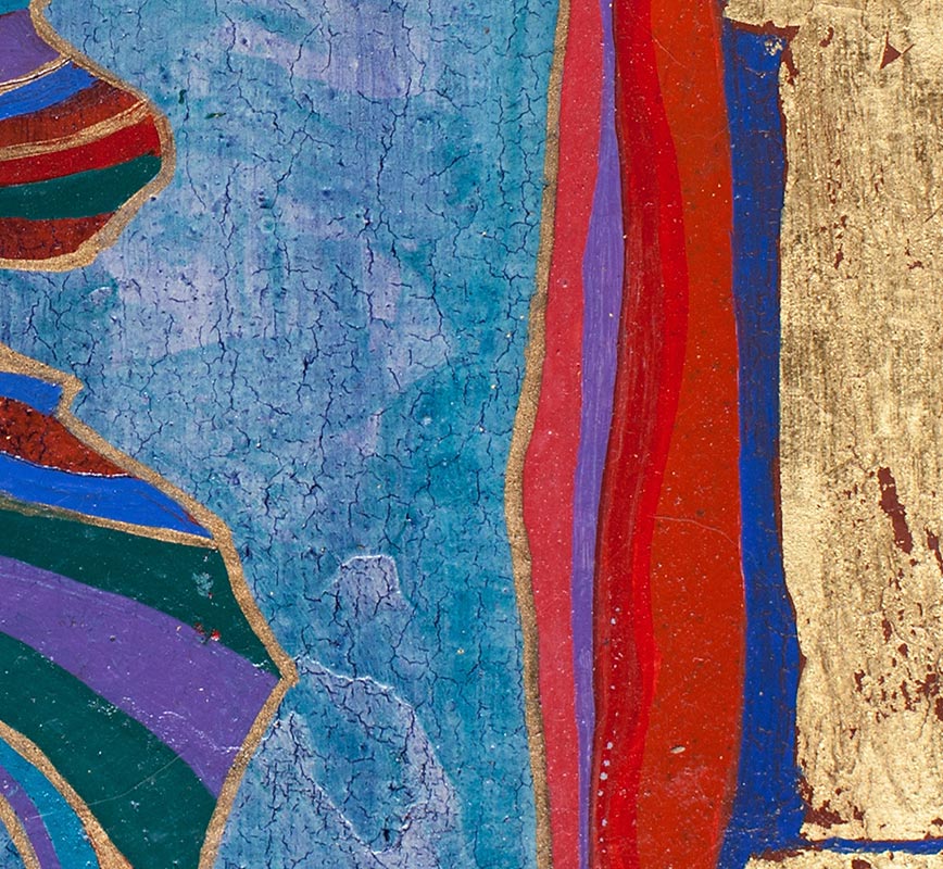 Detail of Abstract small format painting. Mainly blue and golden colors. Title: Flying Warrior