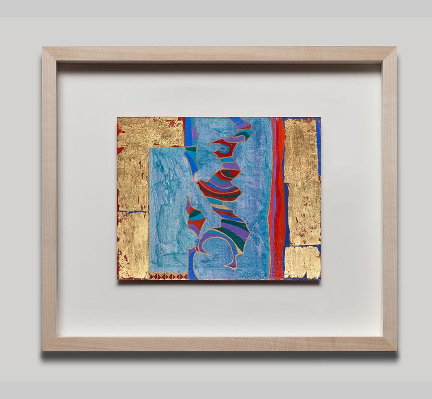 Framed View of Abstract small format painting. Mainly blue and golden colors. Title: Flying Warrior