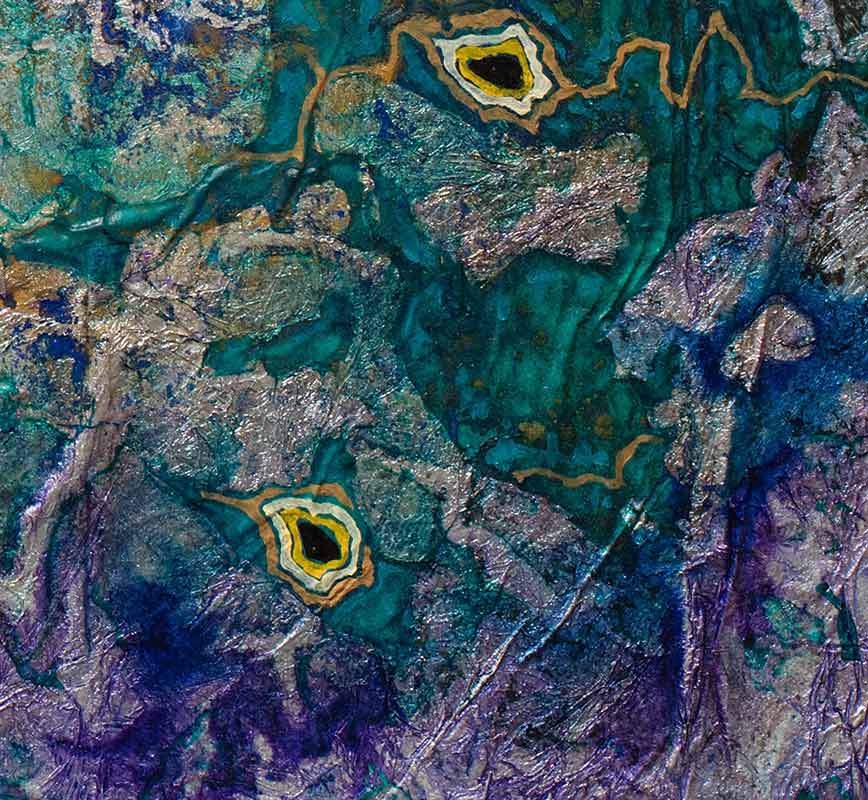 Detail of Abstract small format mixed media painting with reference to biology. Mainly purple and green colors. Title: Shining Silver in the Lake