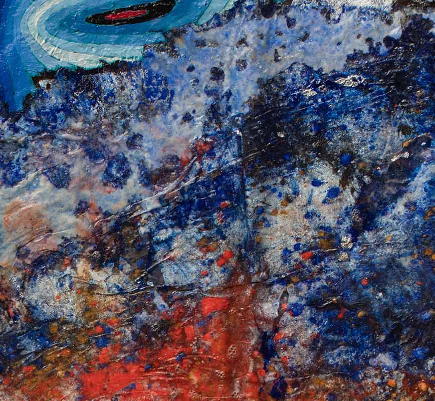 Detail of Abstract small format mixed media painting with reference to biology. Mainly red and blue colors. Title: In Search of Light