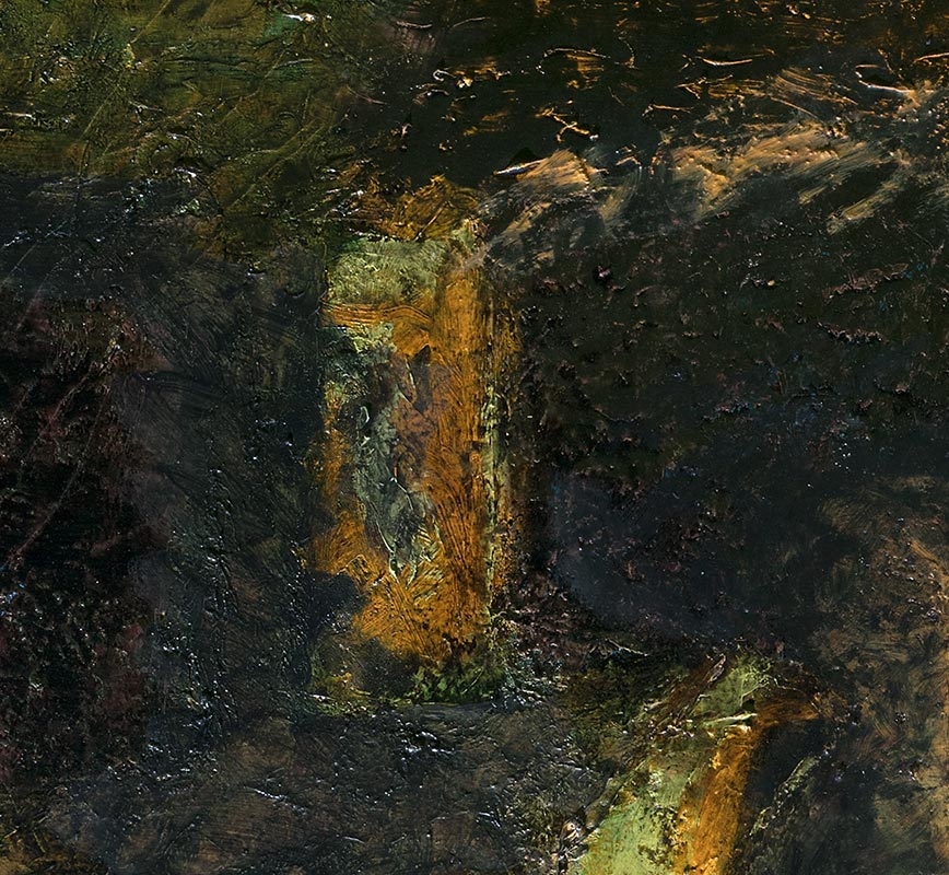 Detail of Figurative contemporary painting with dark colors. Title: Trolls