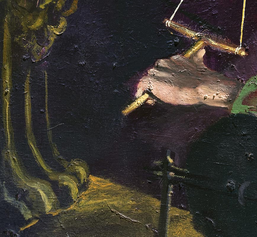 Detail of Figurative contemporary painting with dark colors. Title: Lee Mat Goes for Bark Oak