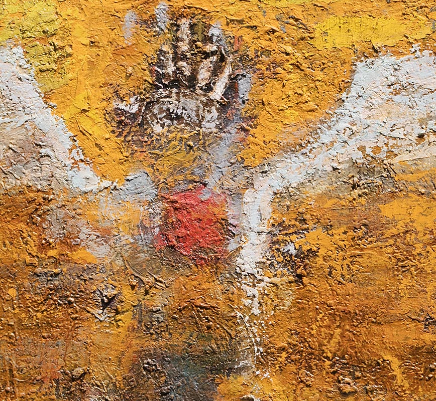 Detail o Figurative contemporary painting with orange and green colors. Title: Zarabanda