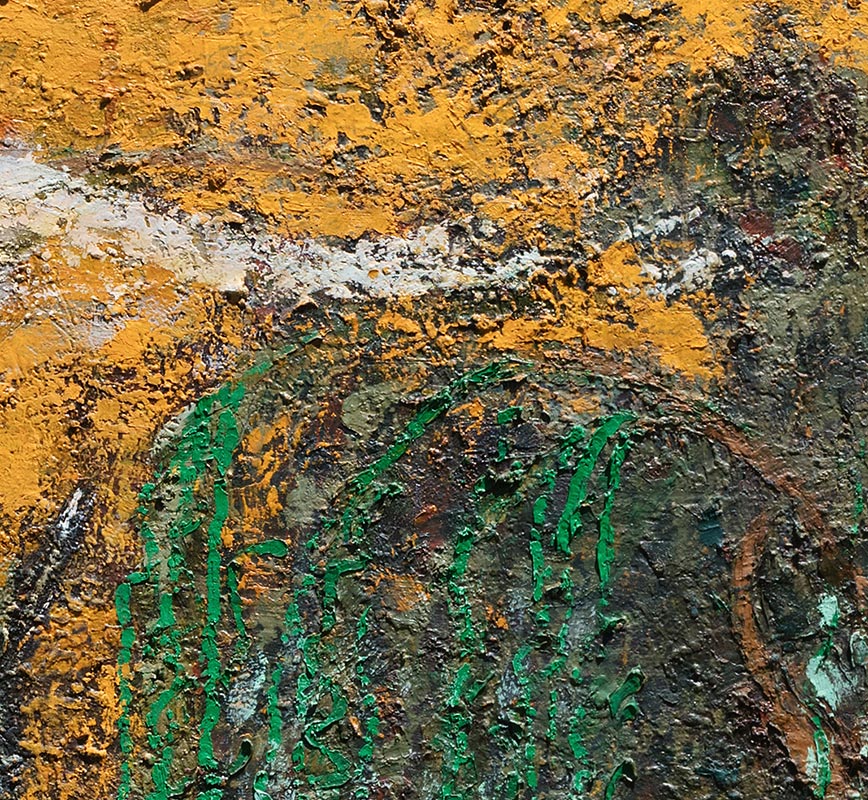 Detail of Figurative contemporary painting with orange and green colors. Title: Zarabanda