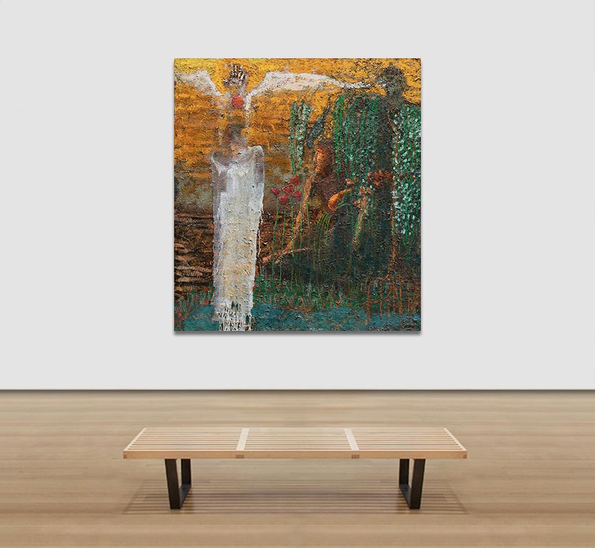 View in a Room of Figurative contemporary painting with orange and green colors. Title: Zarabanda