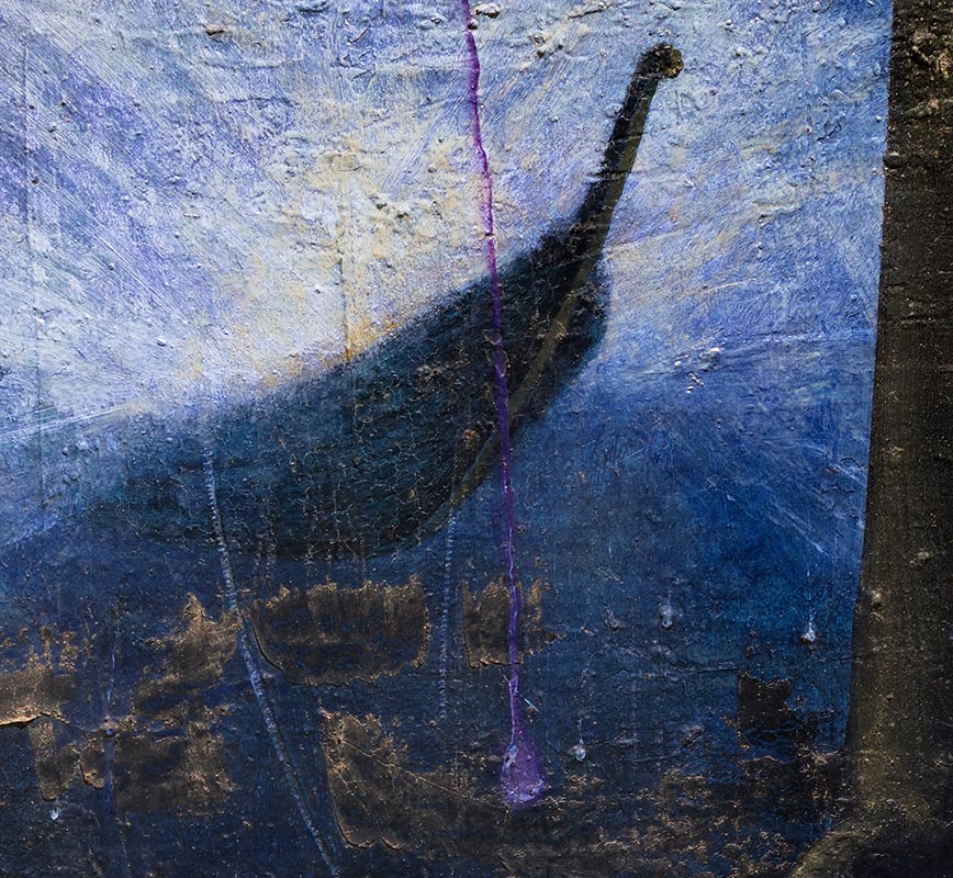 Detail of Figurative contemporary painting with dark blue and green colors. Title: Sogno di Oro