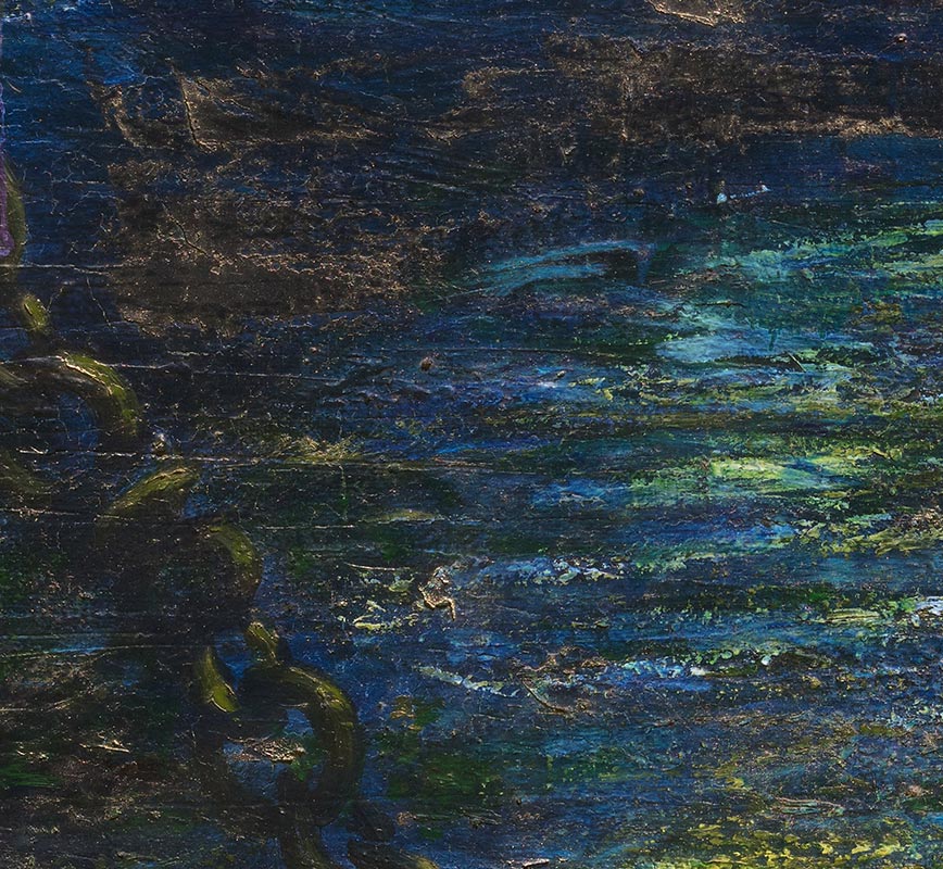 Detail of Figurative contemporary painting with dark blue and green colors. Title: Sogno di Oro