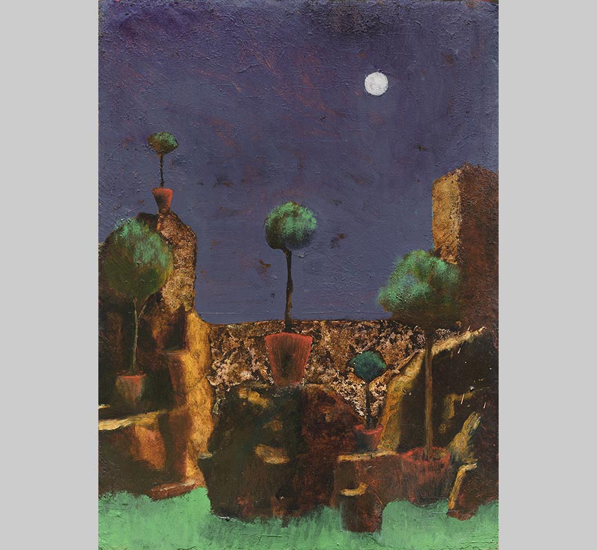 Figurative contemporary painting with blue, green and gold colors. Title: Garden at Night