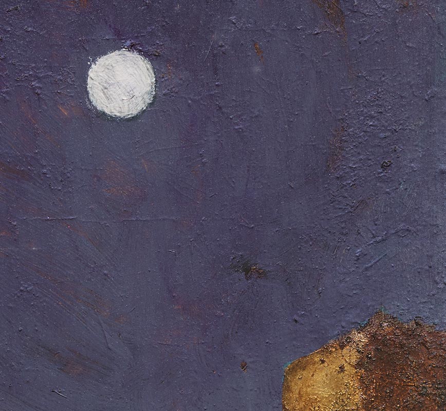 Detail of Figurative contemporary painting with blue, green and gold colors. Title: Garden at Night