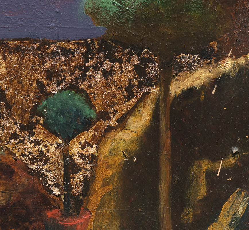 Detail of Figurative contemporary painting with blue, green and gold colors. Title: Garden at Night