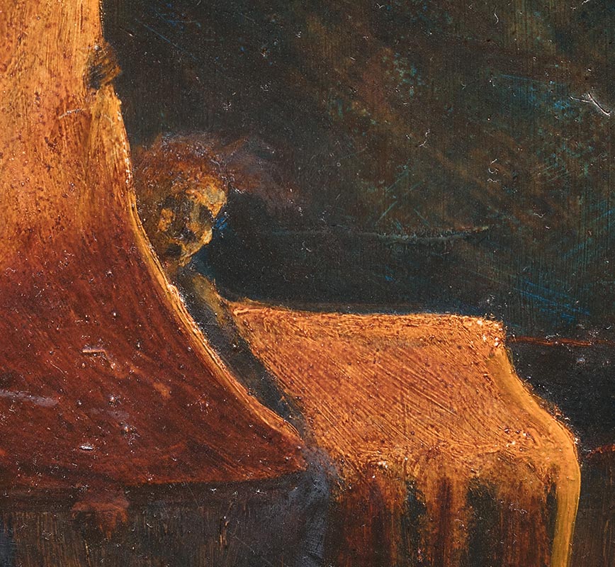 Detail of Figurative contemporary painting with sailing boat. Orange and red colors. Title: Miss Adventure's Adventure