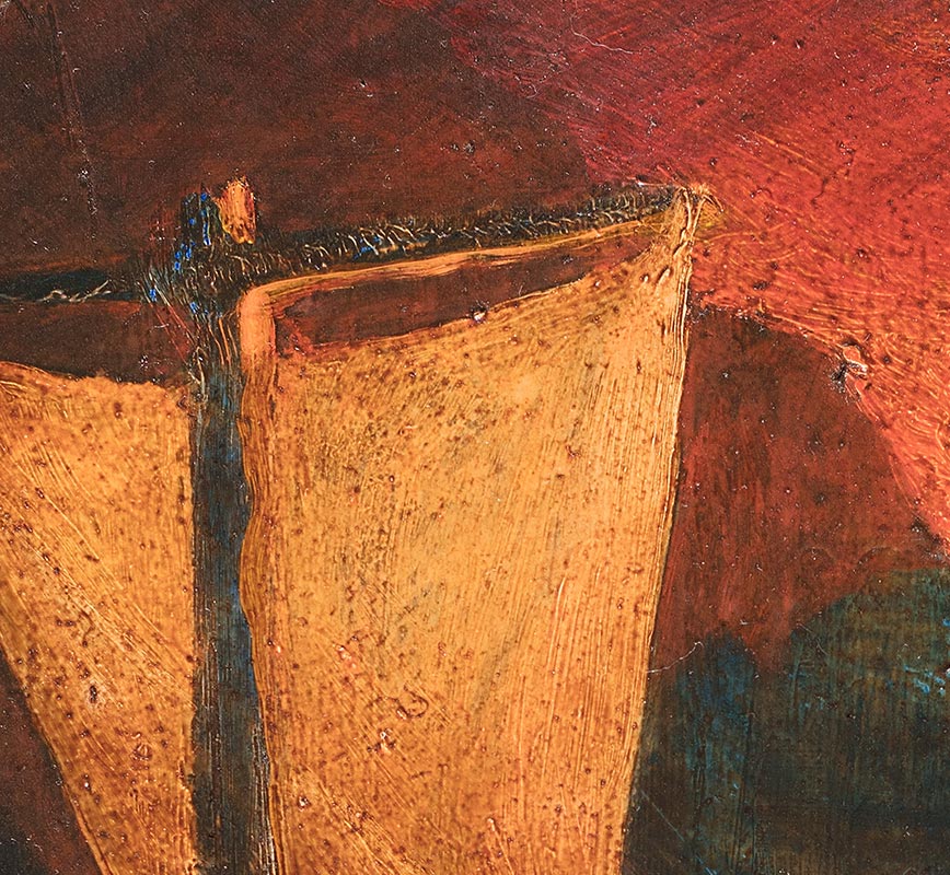 Detail of Figurative contemporary painting with sailing boat. Orange and red colors. Title: Miss Adventure's Adventure