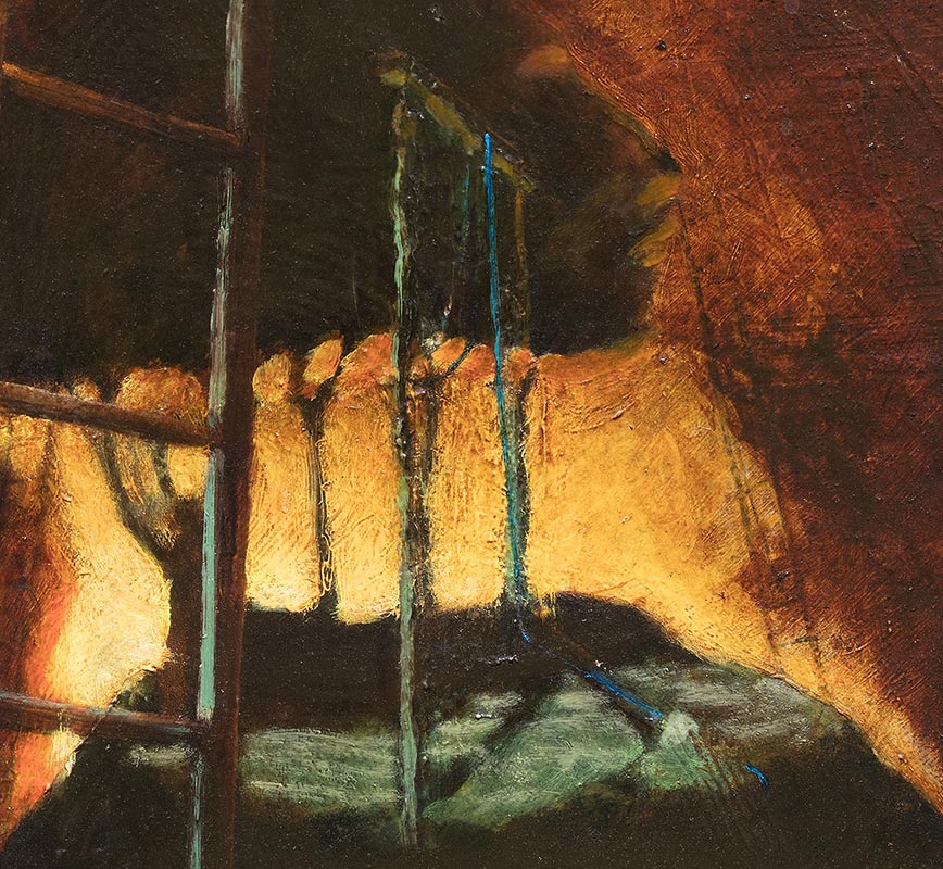 Detail of Figurative contemporary painting showing a grotto. Dark colors. Title: Excavation