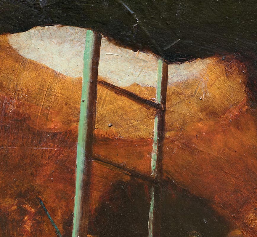 Detail of Figurative contemporary painting showing a grotto. Dark colors. Title: Excavation