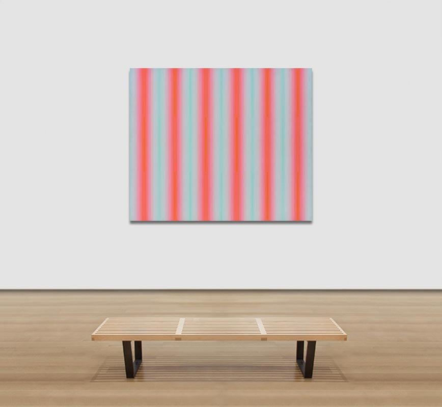 View in a Room of Color field painting with red and blue colors. Title: Broadway Jump
