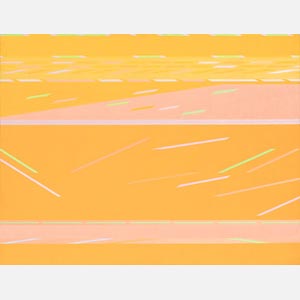 Color field painting with yellow and orange colors. Title: Yellow Flight