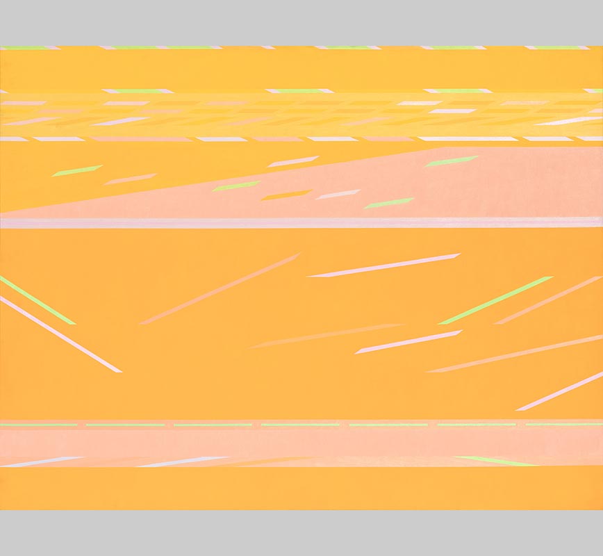 Color field painting with yellow and orange colors. Title: Yellow Flight