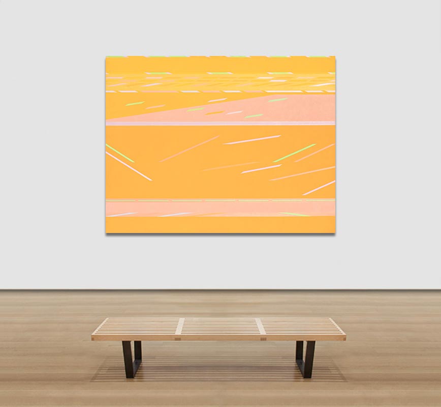 View in a Room of Color field painting with yellow and orange colors. Title: Yellow Flight