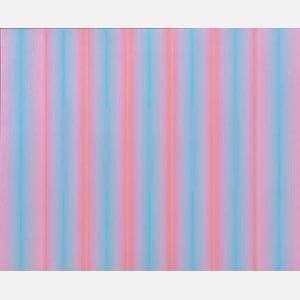 Color field painting with pink and blue colors. Title: Ozone