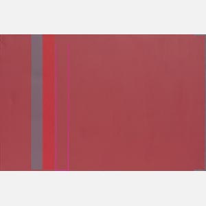 Color field painting with red and gray colors. Title: Pont Marie